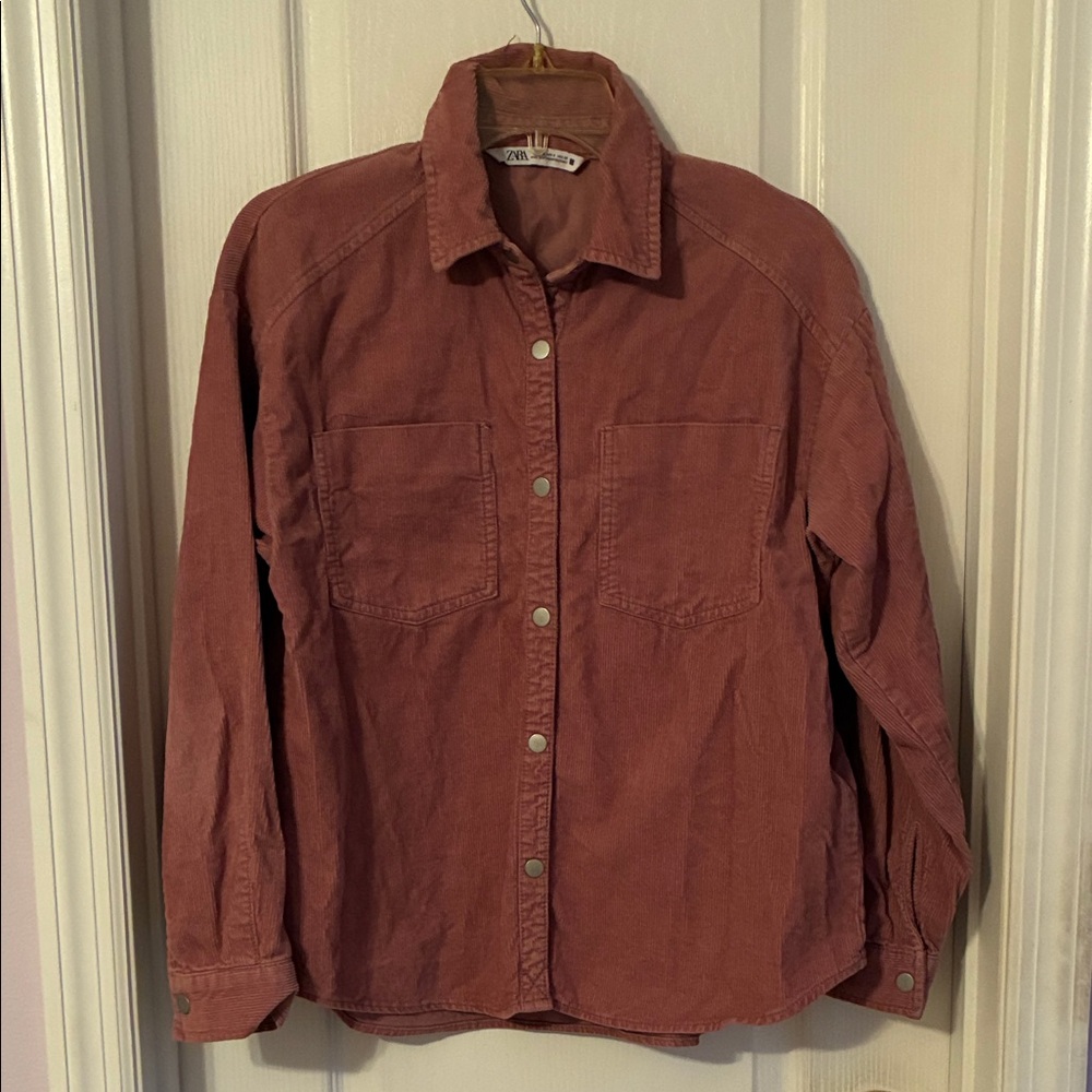 Zara Corduroy Mauve Pink Shacket Jacket Snap Front Sz S